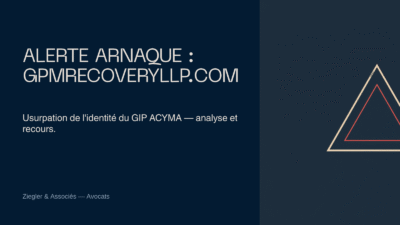 Banniere d'alerte du cabinet Ziegler & Associes sur le site frauduleux Gpmrecoveryllp.com usurpant l'identite du GIP ACYMA
